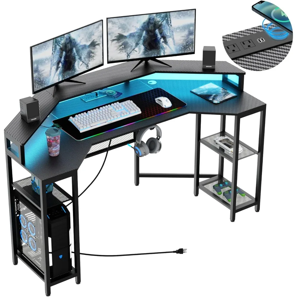 Computer Desk with Power Outlet & Led Light, 63" Large Wing-Shaped Gaming Desk with Full Monitor Stand, Wireless Charging, RGB