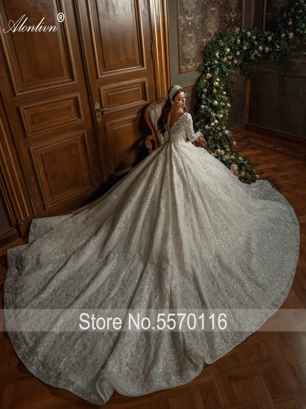 Alonlivn Glisten Ball Gown Wedding Dress Full Of Bling Embroidery Lace Full Sleeves V-Neck Luxury Bridal Skirts