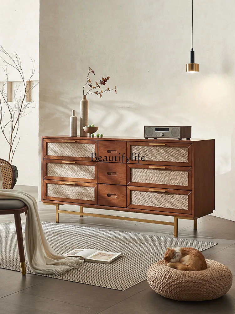 Solid Wood Rattan Six-Bucket Mid-Ancient Retro Sideboard Cabinet