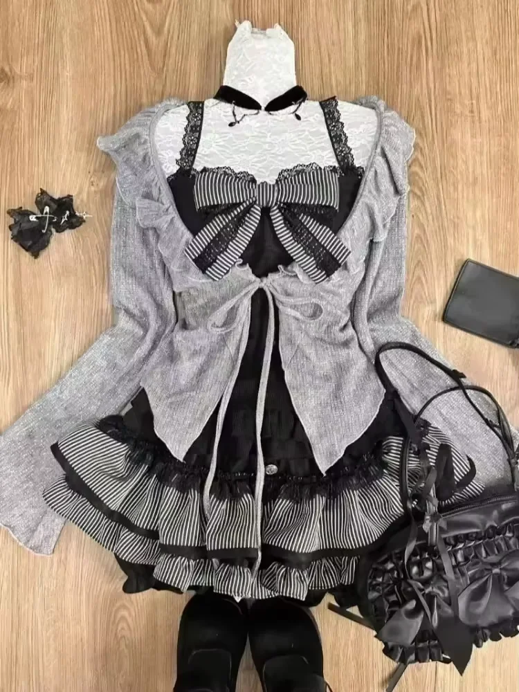Japanese Kawaii Preppy Sweet Two Piece Suit For Women Lace Splice Bow Blouses Y2k Plaid Short Skirt New Trendy Matching Outfits
