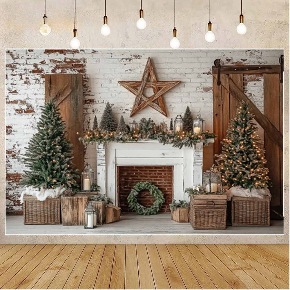 Winter Christmas Backdrops Xmas Wreath Fireplace Pentagram Holiday Party Decor Banner Photography Backgrounds for Photo Studio