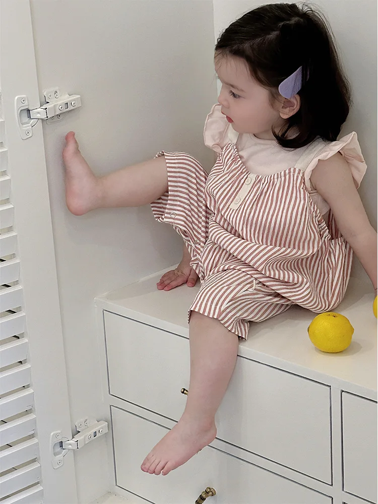 2024 Summer Baby Girl Rompers Toddler Striped Overalls Korean Baby Clothes Thin Cotton Infant Girl Sleeveless Loose Jumpsuits