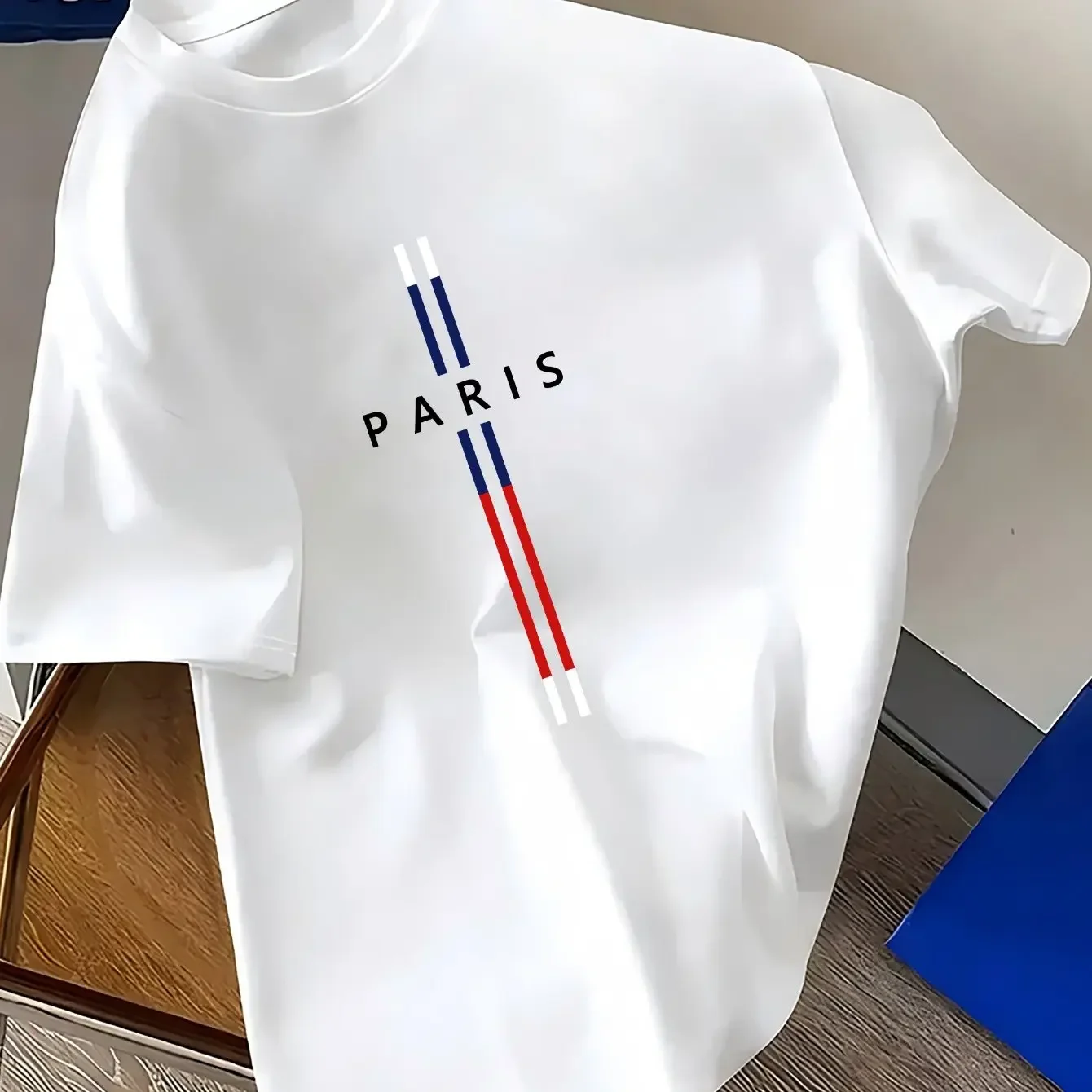

2025 Men's 100% Pure Cotton Summer Loose Fitting Oversized Paris Print Casual Slim Fit Round Neck Short Sleeved T-shirt Top