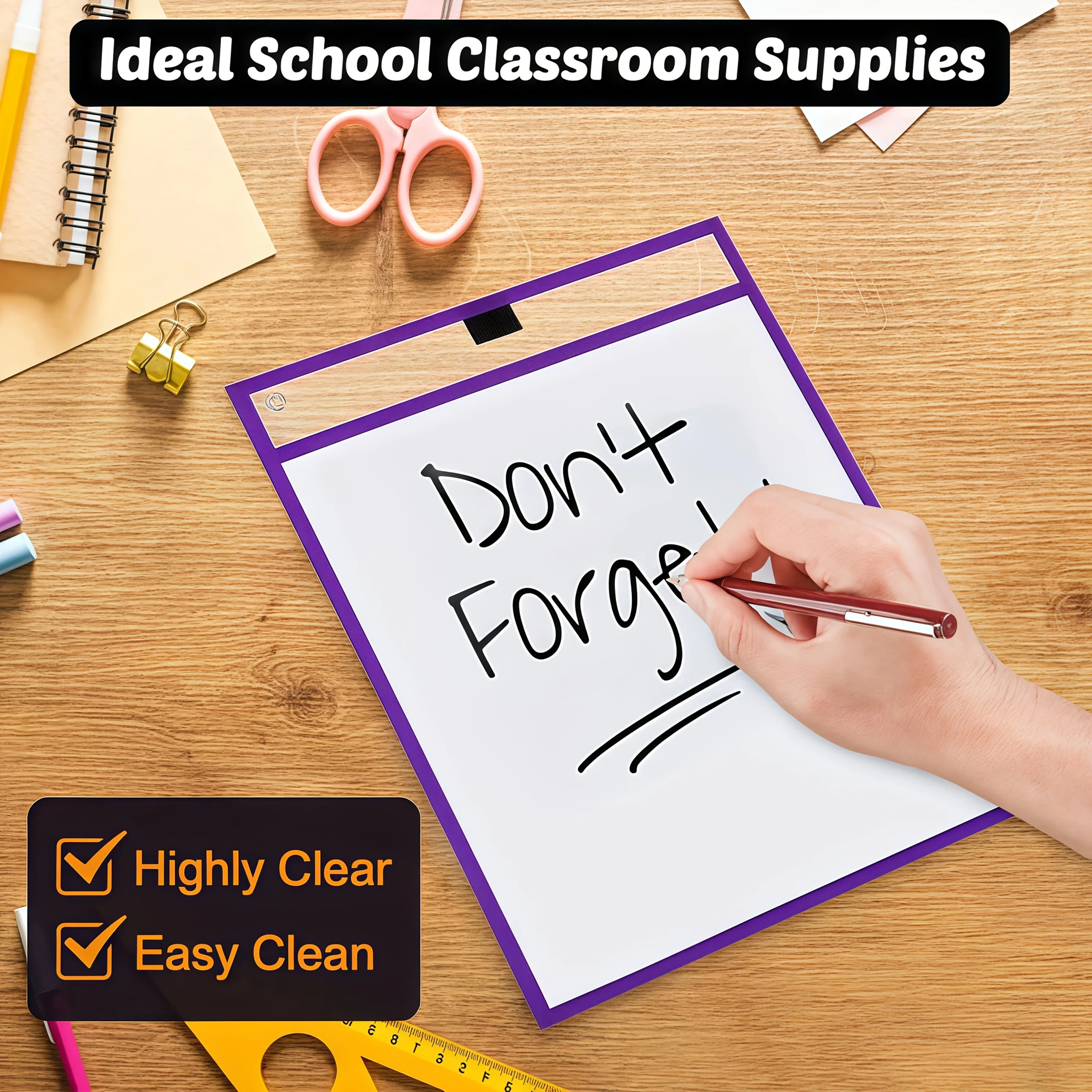 مجموعة جيب للمسح الجاف قابلة لإعادة الاستخدام مكونة من 20 قطعة، كبيرة جدًا مع حماية من البلاستيك الشفاف، مناسبة للمدارس