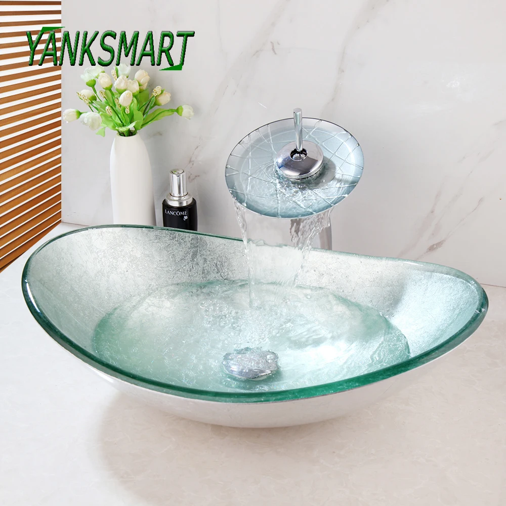 YANKSMART Silver Hand-Paint Art Oval Bathroom Glass Basin Sink Faucet Round Basin Bath Vanity Chrome Brass Mixer Water Tap Set