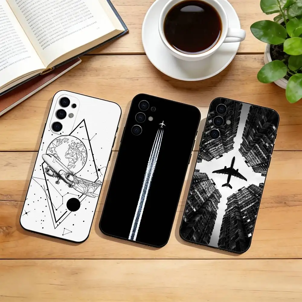 Minimal Airplane Wanderlust Travel  Phone Case For Samsung S25,S24,S21,S22,S23,S30,Ultra,S20,Plus,Fe,Lite,Note,10,Black Cover