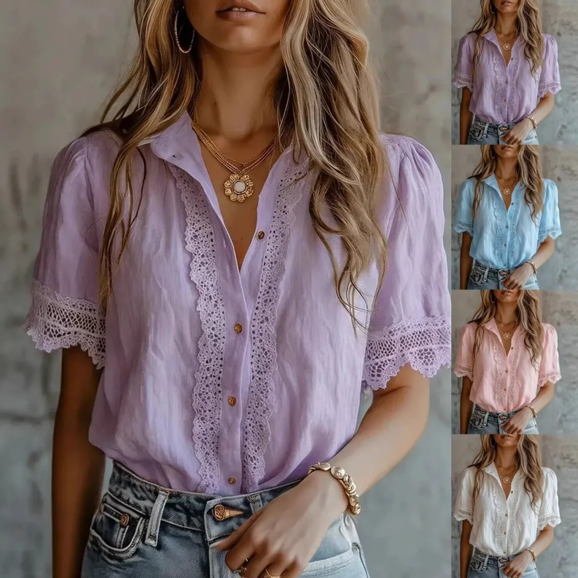 

Женская модная свободная блузка с коротким рукавом и кружевом для весны и лета