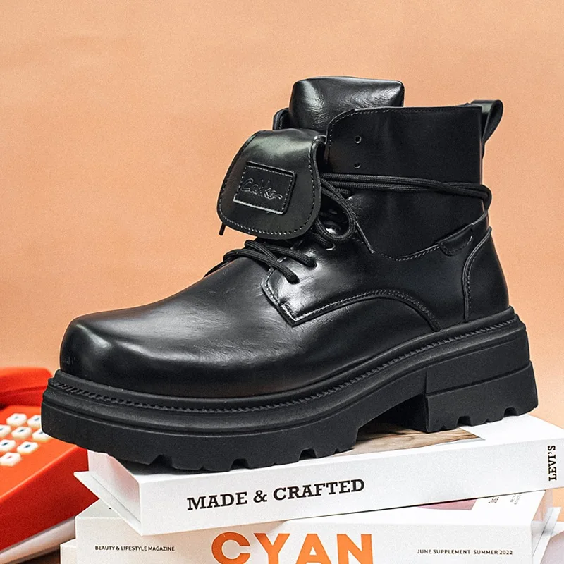 

Men's High Top Boots Thick Sole Black New Platform Short Boots for Men Fashionable Motorcycle Boots British Men's Formal Shoes