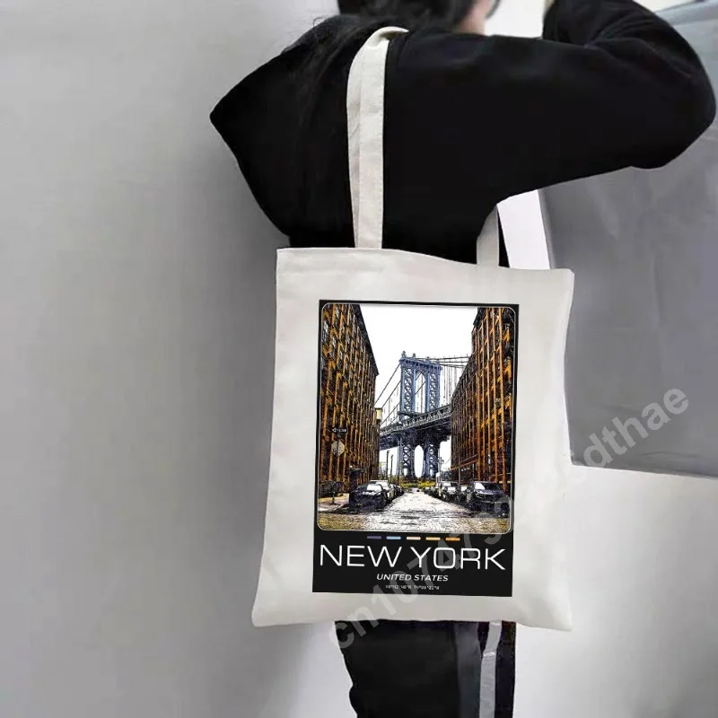 New York Paris London City Shoulder Bag Women Canvas Harajuku Handbags Totes Eco Shopper Reusable Cotton Foldable Shopping Bags