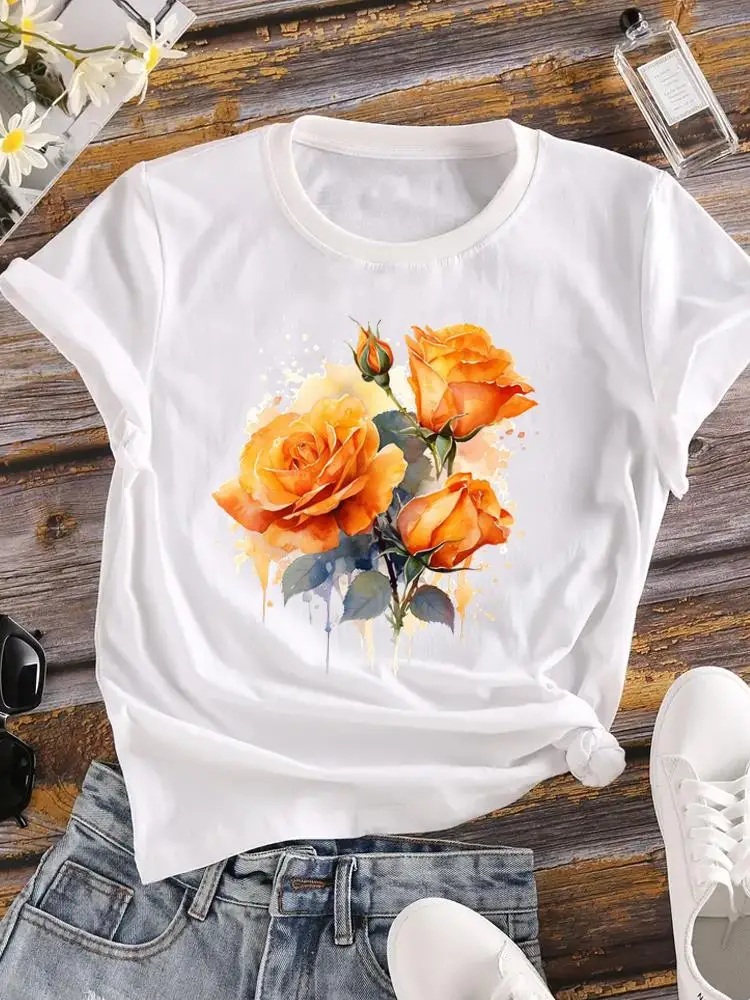 

Women Female Flower Watercolor Trend 90s Ladies Short Sleeve Clothes Print Top Fashion T Shirt Graphic T-shirt Clothing Tee