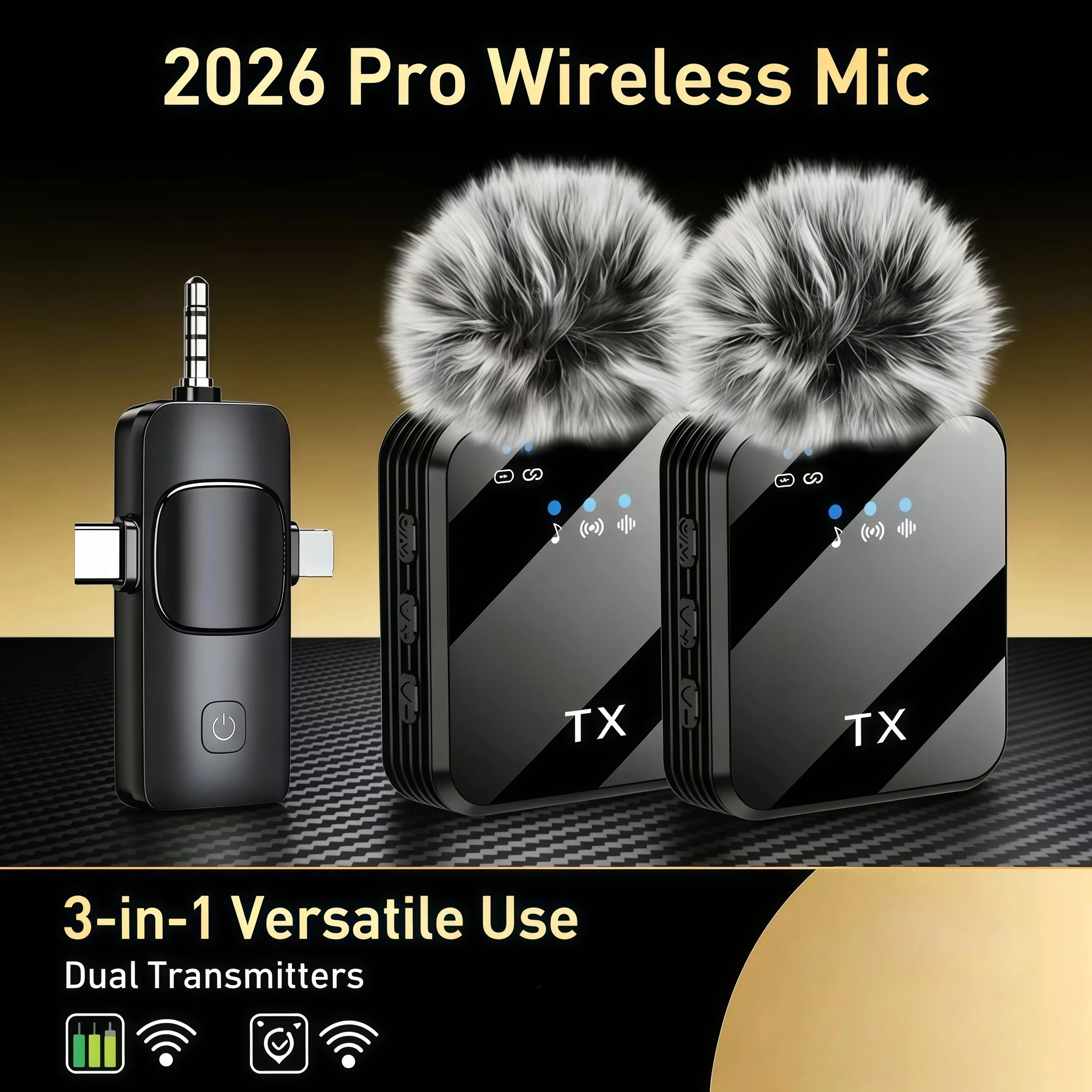 3in1 Microphone for Android/IOS Wireless Lavalier Microphone Video Recording Noise Reduction Live Streaming Clip-on Microphone
