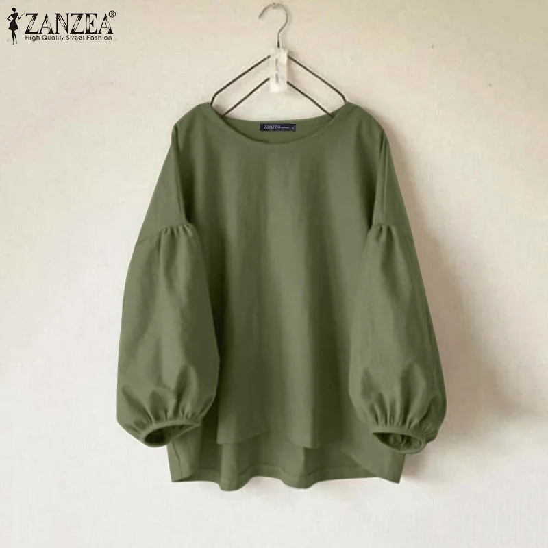ZANZEA Plus Size Woman Casual Blouses Lantern Sleeves Round Neck Solid Color High-Low Tops Spring Minimalist Blusas de Mujer 5XL - view 3
