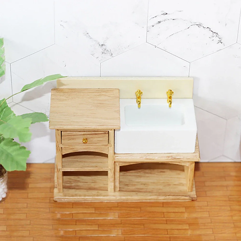 1Pcs 1/12 Dollhouse Miniature Accessories Mini Wooden Wash Stand Model Washbasin Toys for Doll House Decoration