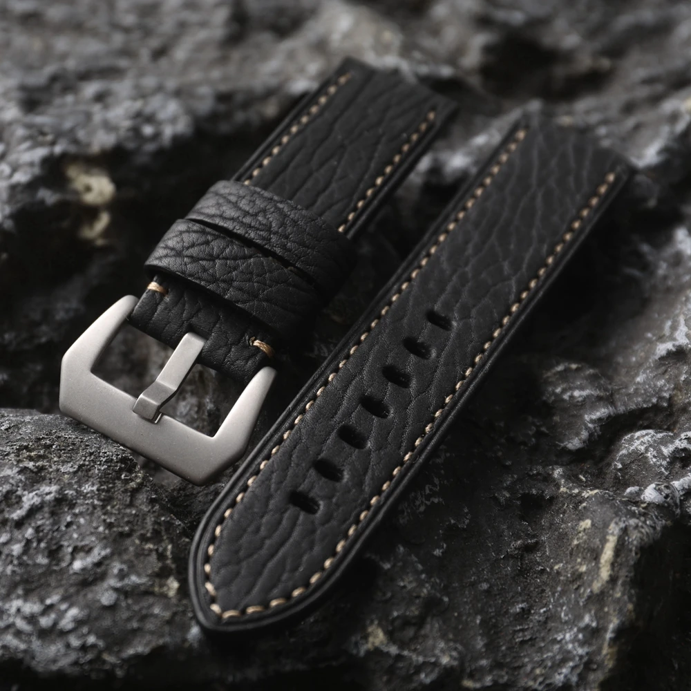 Handmade Sharkskin Strap, 20MM 22MM 24MM Black Curry Leather Thickened Men Bracelet, Retro Style, For PAM111 441 Watchband