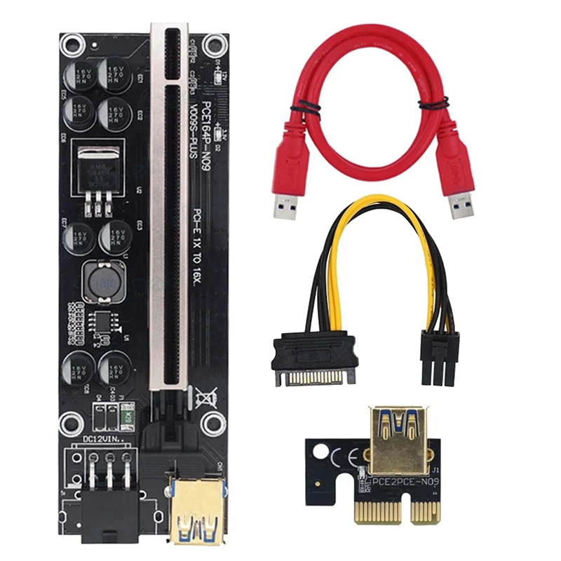 

PCI-E адаптер VER009S Plus PCI-E 1X до 16X 6Pin USB3.0 для майнинга BTC