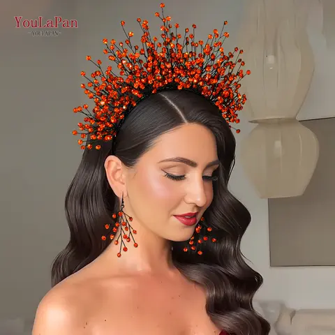 TOPQUEEN Orange red Color Rhinestone Bridal Crown Headband Handmade Wedding Headpiece Brides Fall Theme Party Accessories HP846