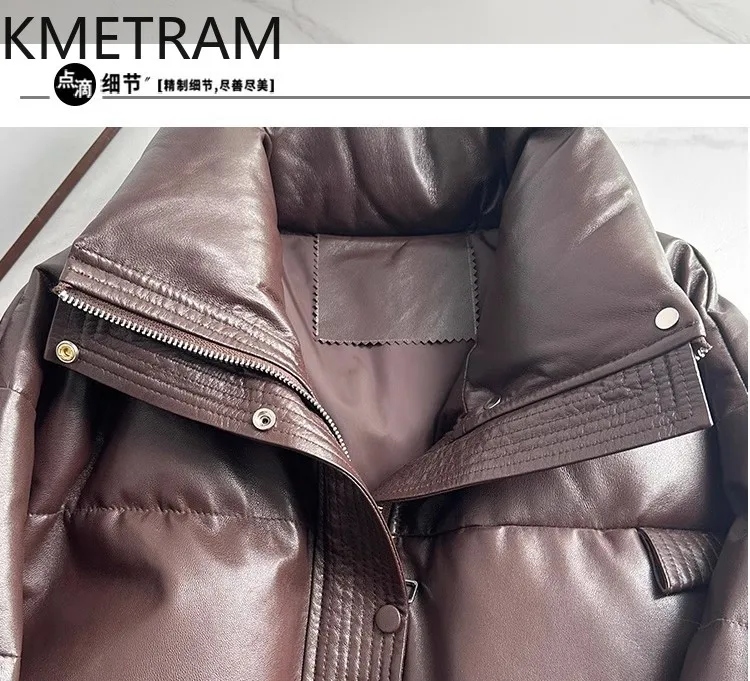100% 양피 다운 코트 여성 스탠드 칼라 정품 가죽 짧은 퍼퍼 자켓 2025 겉옷 겨울 의류 여성 пуховик