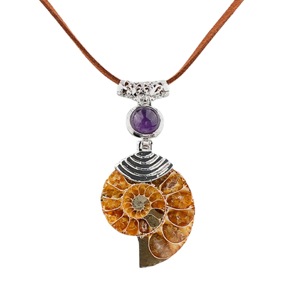 Amethyst Ammonite Stone Pendant Necklace Adjustable Leather Cord Women Men Unisex Healing Chakra Jewelry