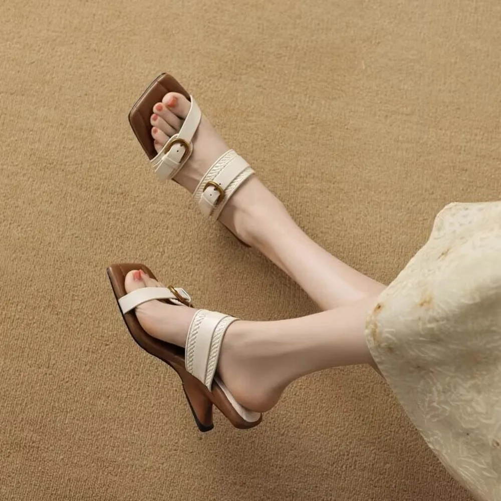 Vintage Braided Belt Buckle Open Toe Wedges Women's Sandals Summer New Square-toed Outdoor High-heeled Slippers view 2