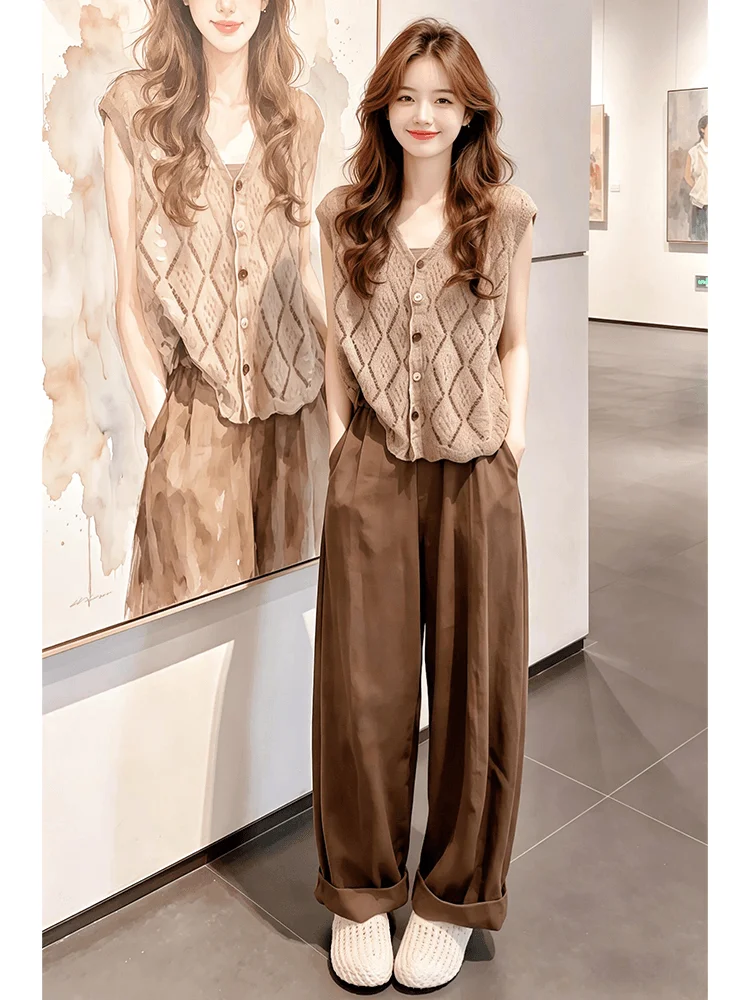 

Casual Knitted Vest Pants Set Summer 2026 Loose Fit Three-Piece Suite Elegant Style Breathable Polyester Fiber High Waist