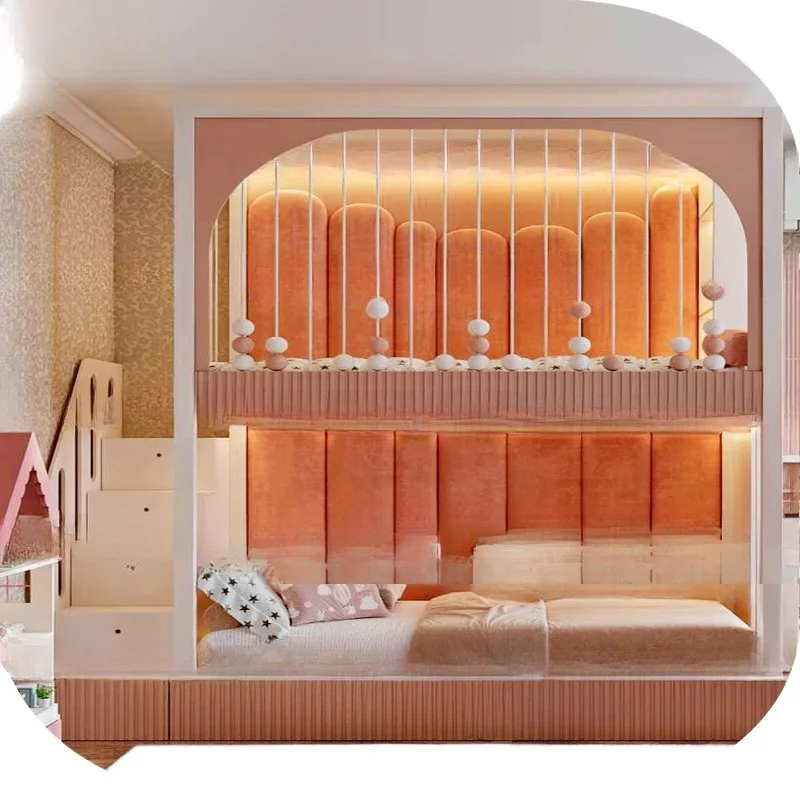 Кровать для родителей и детей, двуспальная двухъярусная кровать, мягкая сумка из массива дерева, лестница для хранения b ed.
