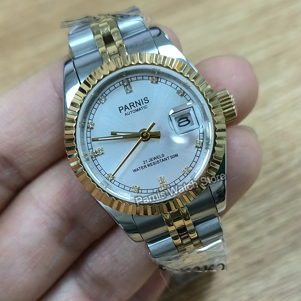 Parnis 26mm Silver Gold ผู้หญิง Sapphire คริสตัล Miyota6T51 อัตโนมัตินาฬิกาข้อมือสแตนเลส Jubilee สร้อยข้อมือ