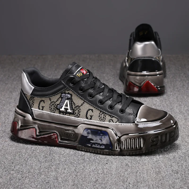 New Men's Genuine Leather Shoes, Fashionable Casual Sneakers, Thick-soled, Versatile, Wear-resistant and Impact-resistant.