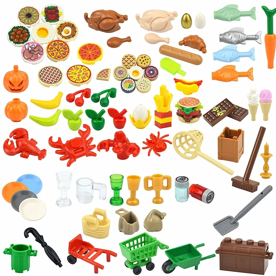 MOC City Mini Building Block Figures Brick Food Accessories Fish Apple Hot Dog Cake Pizza Fries Chicken Box Plate Compatible Toy