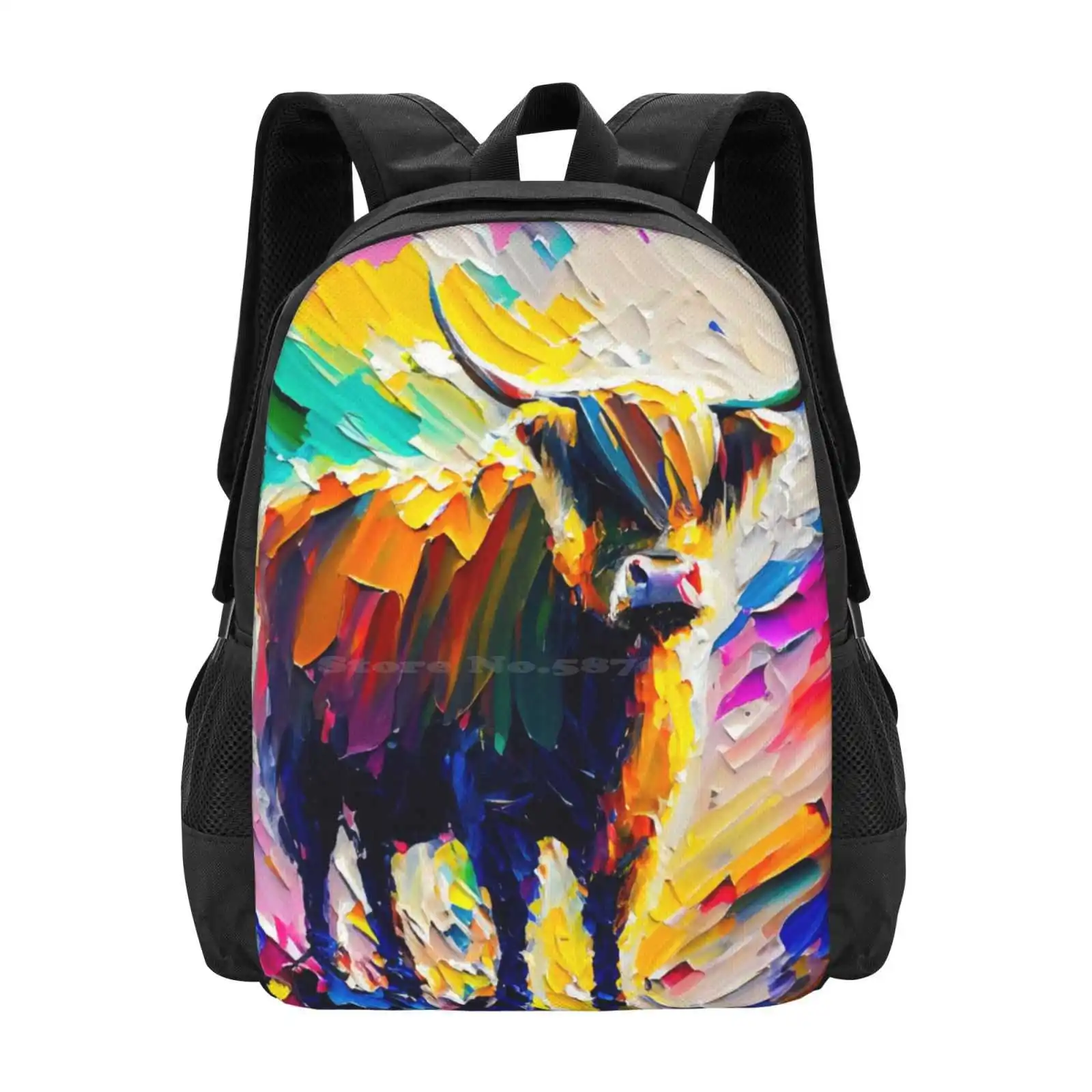 Vivid Highland Bull In Oil Hot Sale Schoolbag Backpack Fashion Bags Oil Painting Highland Cow Vivid Vibrant Multicolor