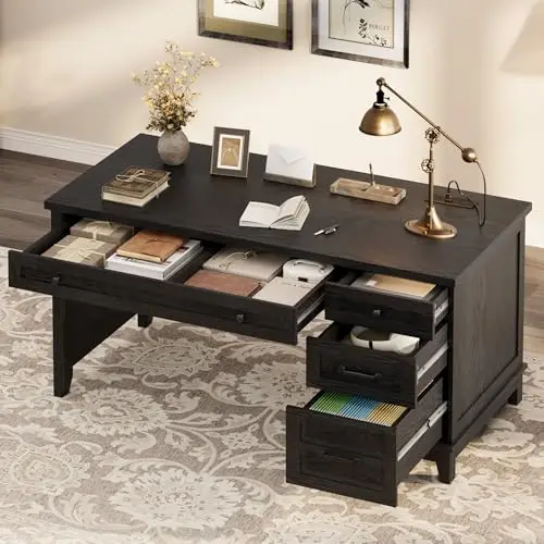 Farmhouse Executive Desk with Drawers, 53.54 in Home Office Desk with Charging Station, Wooden Computer Desk with File
