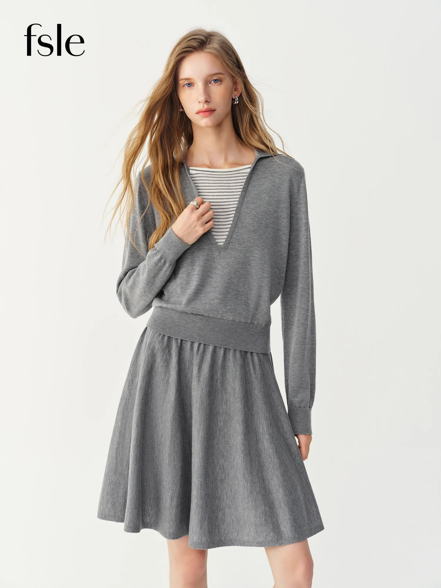 FSLE Preppy Style Fake Two-Piece Lapel Wool Knit Sweater A-line Pleated Midi Skirt Set 2026 Winter New Elegant Two Piece Outfit
