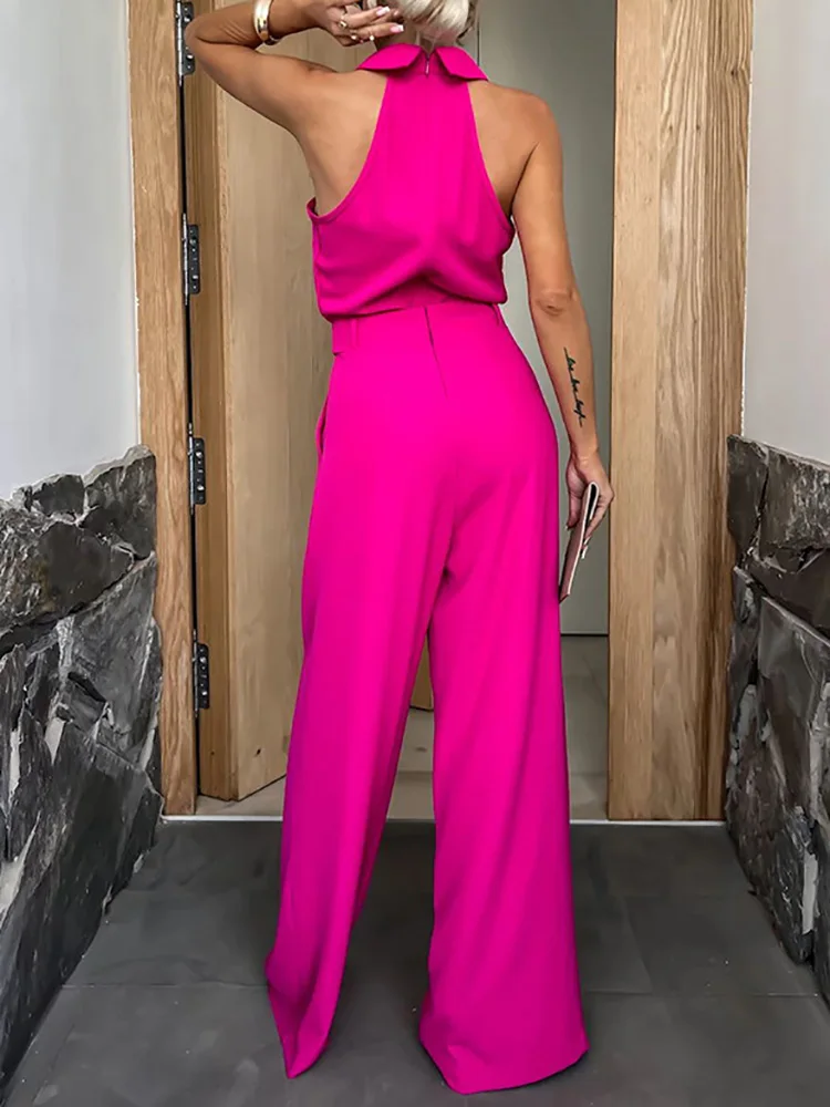 Mono liso con cuello vuelto para mujer, ropa de estar por casa sin mangas, pantalones de pierna ancha con bolsillo, novedad de primavera y verano