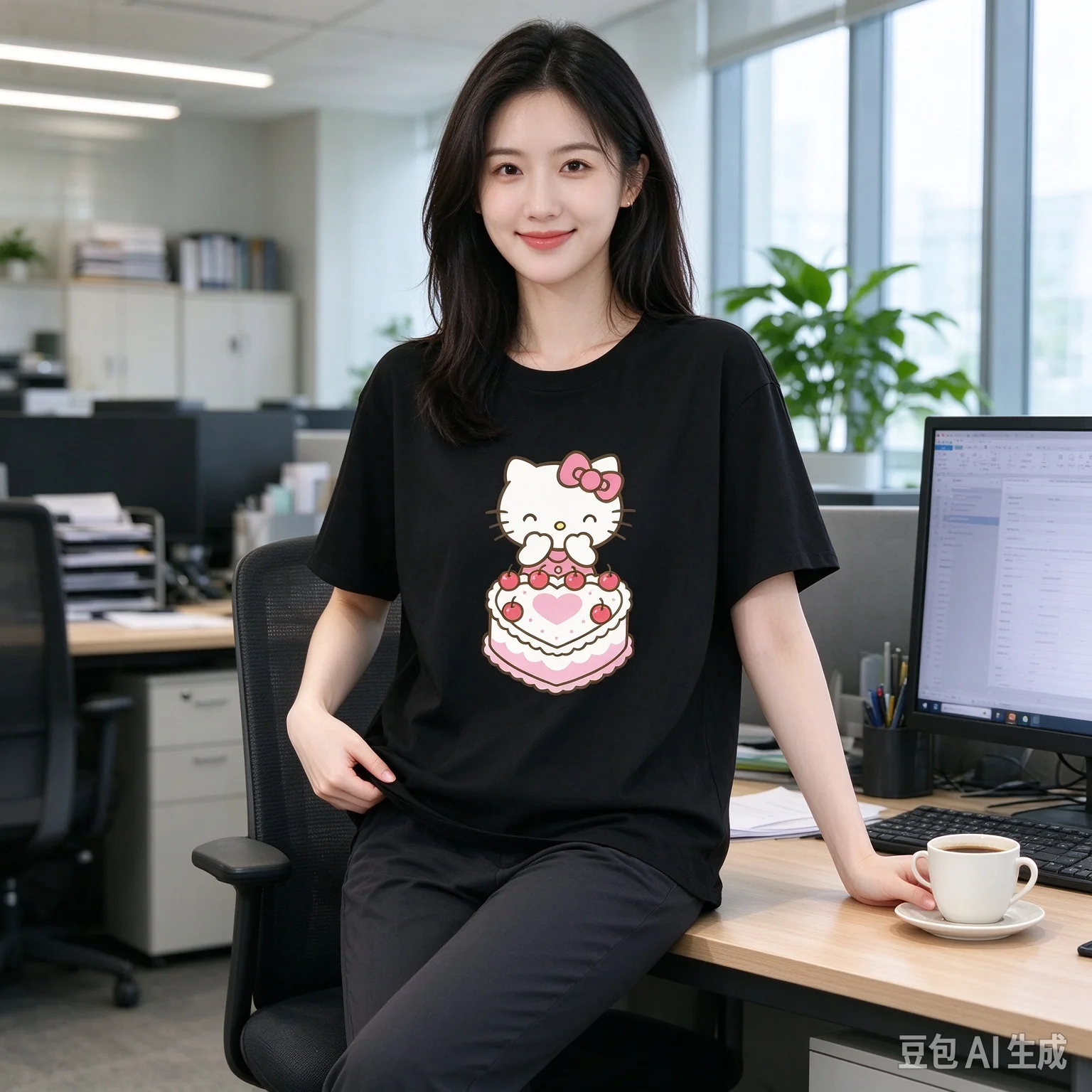 Korean-Style Women's Short-Sleeve Top – Cute Hello Kitty Print – Casual & Athletic T-Shirt – Versatile for Work and Daily Wear