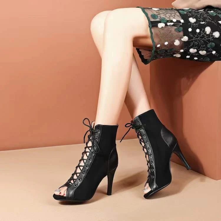 Sandalias con cordones, tacones de 9CM, zapatos de mujer, tendencia de verano 20224, botas sexis negras con punta abierta, tacones de aguja de tela a la moda, baile de Jazz para mujer