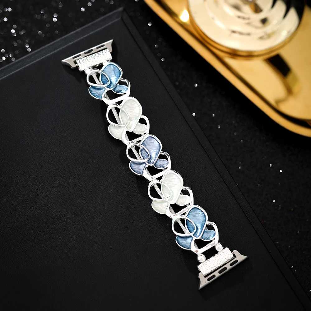 Модный металлический ремешок с цветком для Apple Watch Ultra 2 49 мм 40 44 45 38 42 мм Женский эластичный браслет на запястье для iWatch 9 8 7 SE 6 5 4