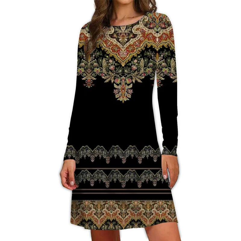 2024 Fall New Arrival Women\'s Dresses Ethnic Style Bohemian 3D Printing Dress Vintage Casual Loose Long-Sleeve Fashion Clothing