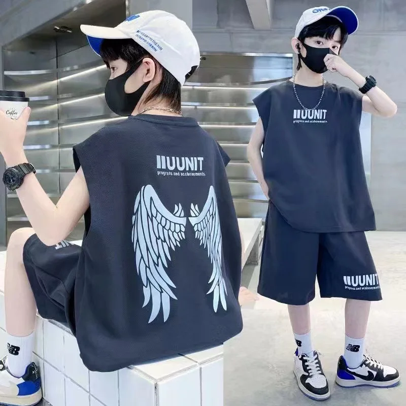 Summer Teenage Boy Clothes Set Children Angel Wings Printed Sleeveless T Shirts and Shorts 2pcs Suit Kid  Top Bottom Tracksuits