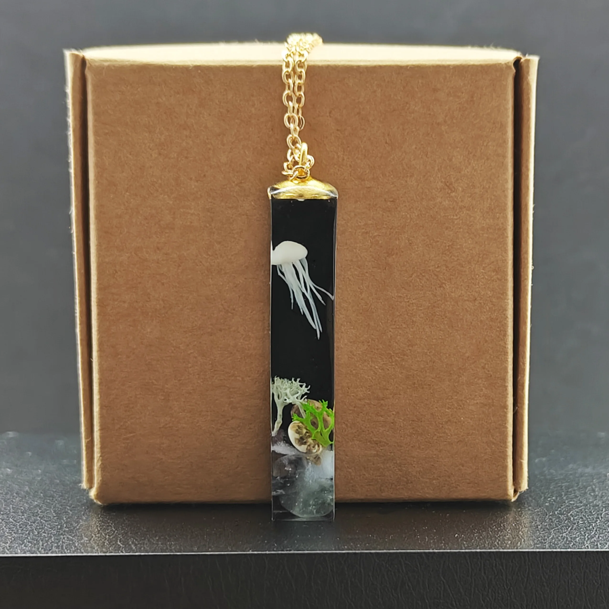 Jellyfish 3D Deep Sea Black Cube Resin Pendant Gold Color Long Chain Necklace Women Boho Fashion Jewelry Bohemian Handmade