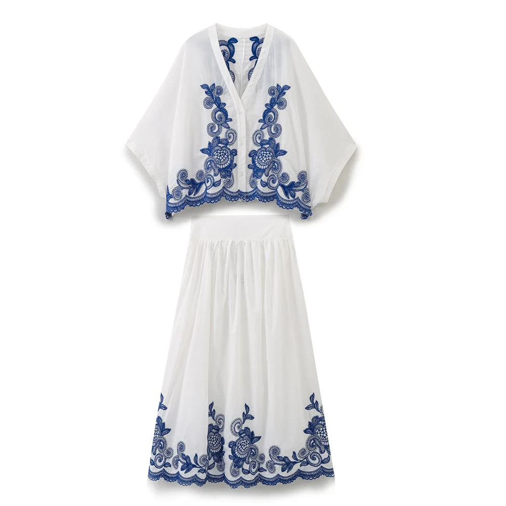 

Women's 2-piece set blue embroidered single-breasted loose shirt chic high waist loose pleated street skirt suit