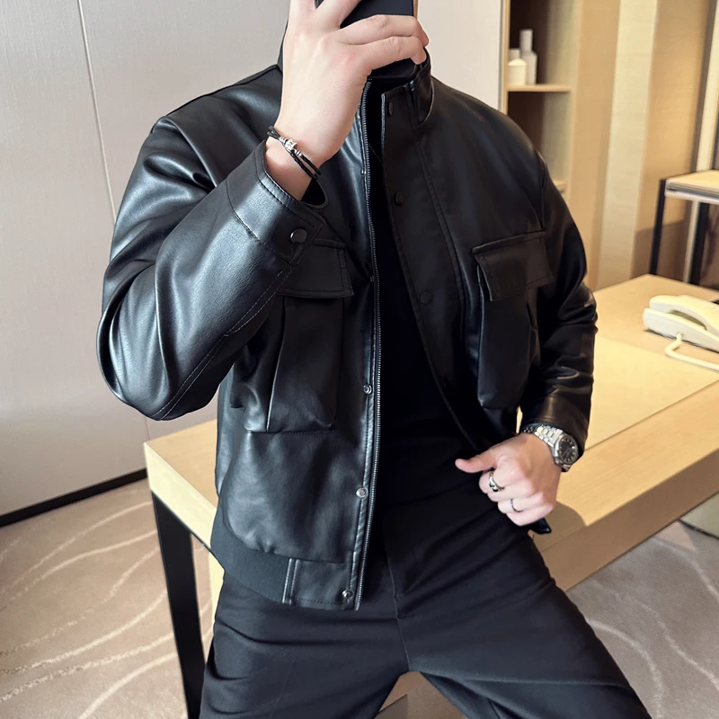 Autumn and Winter Leather Jacket Men's Fashion Casual Standing Collar Motorcycle Jacket Outdoor Solid Color Sports Jacket