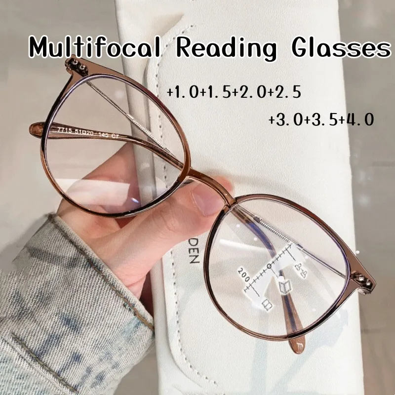 Unisex Blue Light Blocking Progressive Reading Glasses Women Men Round Frame Multifocal Eyeglasses Near Far Presbyopia Glasses