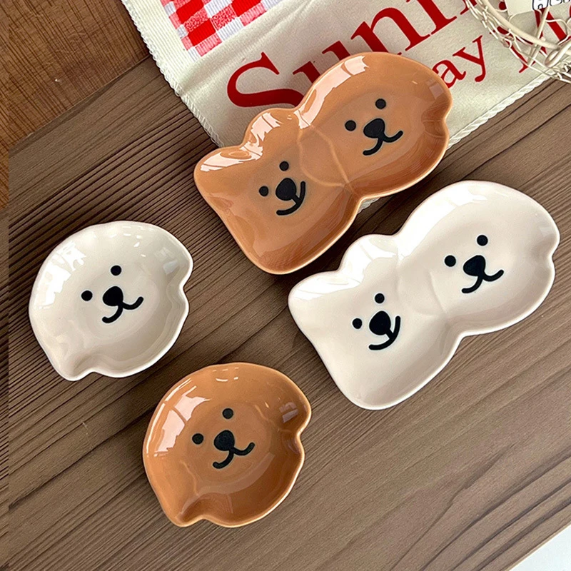 Adorable plato de cerámica para salsa con diseño de perro y oso - Tazón para salsas de un solo/doble compartimento para condimentos, bocadillos, sushi, salsa de soja