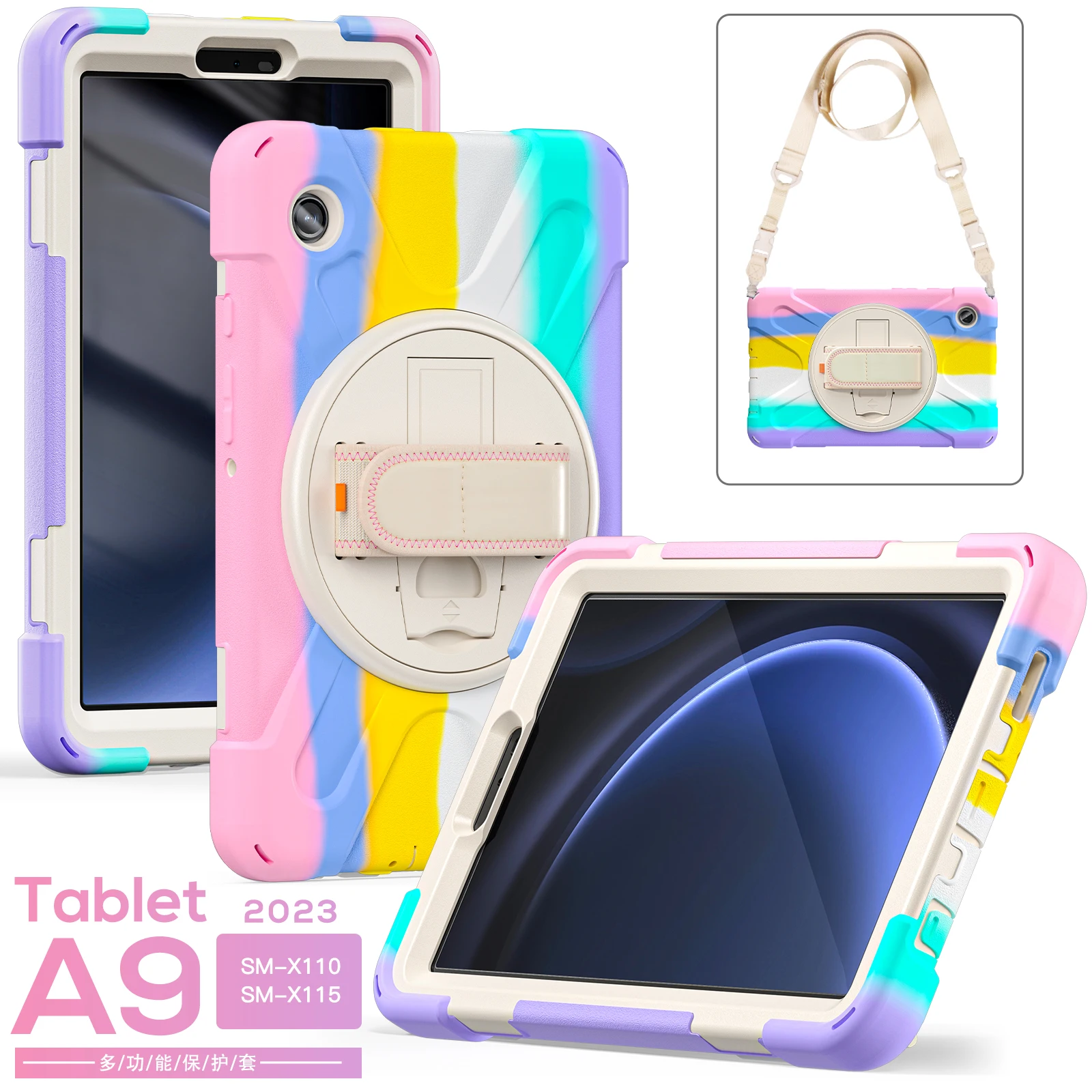 

Вращающийся Гибридный чехол для Samsung Galaxy Tab A9 2023 дюйма, фотография, 8,7 дюйма, подставка, прочный Чехол с ручным и плечевым ремнем, чехол