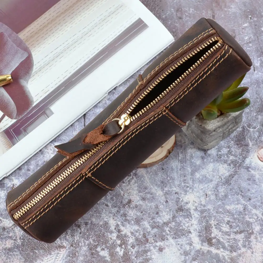 Large Capacity Pencil Case Large Capacity Faux Leather Pencil Case Retro Zipper Closure Stationery Storage Pouch for Students