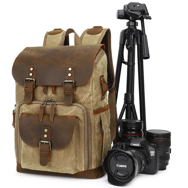 Waterproof Camera Bag Backpack Leather Batik Canvas Photo Bag Durable DSLR SLR Camera Lens Case for Canon Nikon Sony Fuji Pentax