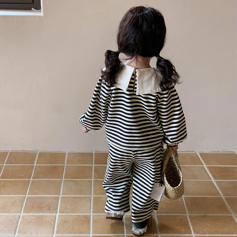 Children\'s Clothing Sets Big Lapel Striped Top and Wide-leg Pants 2pcs Sets Baby Girl Outfit Set Toddler Girl Clothes