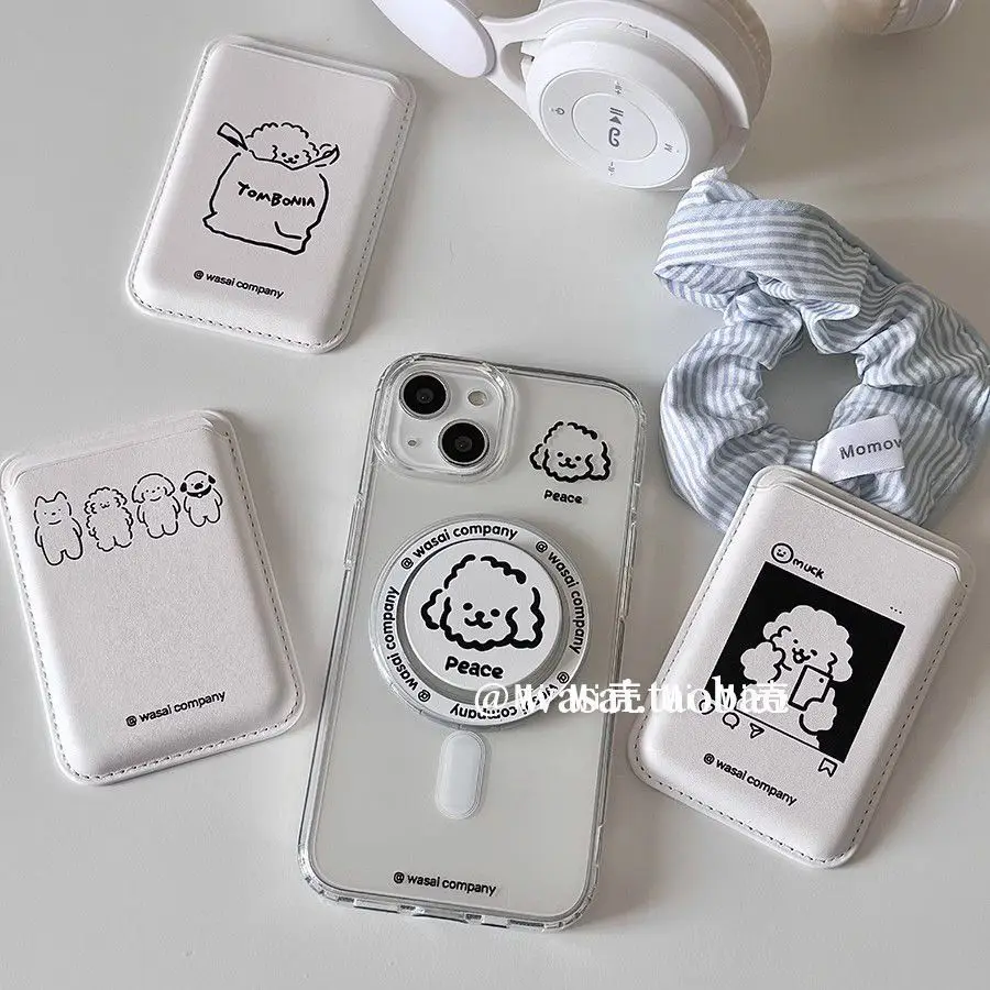 Illustration Puppy for Magsafe Card for iPhone 16 15 13 14 Pro Max Samsung Case Leather Card Cover ID Subway Access Card Slot