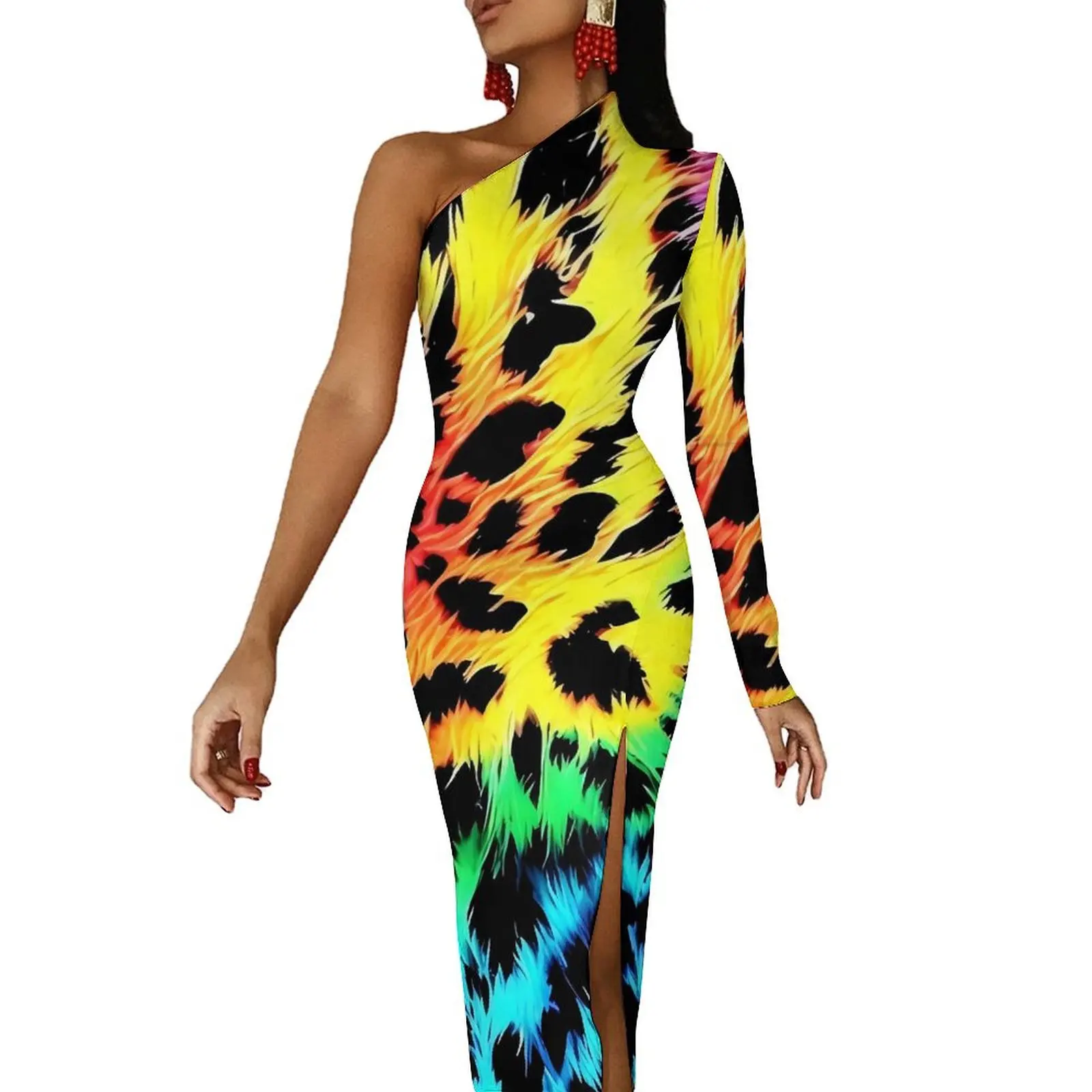 

Tie Dye Rainbow Bodycon Dress Womens Leopard Print Elegant Maxi Dress One Shoulder Party Custom Dresses Birthday Present