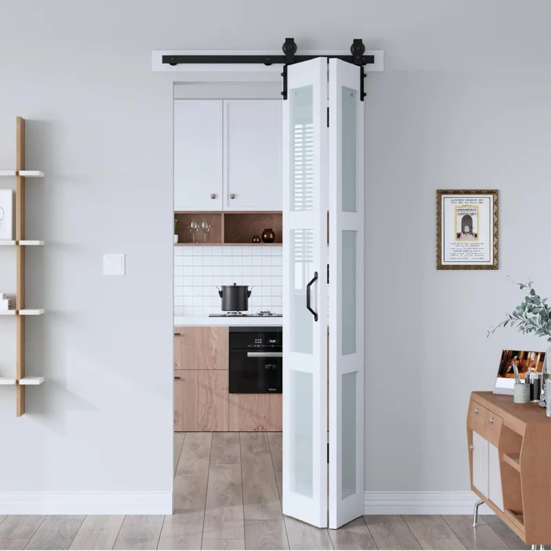 

36x84 Bifold Barn Door with Hardware Kit – Double 18 Panels, Solid MDF, Waterproof PVC, Frosted Glass, Assembly Required