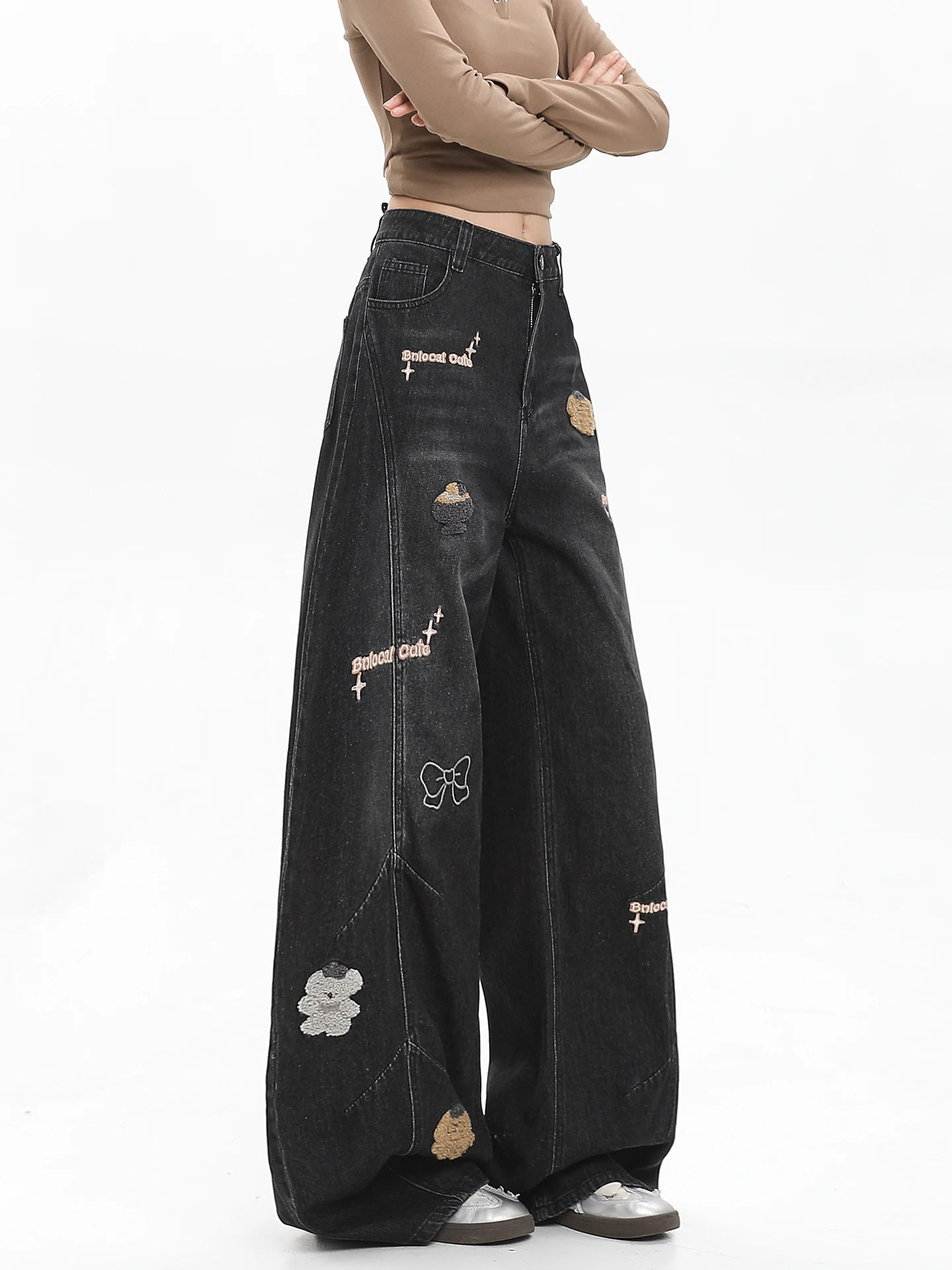 American Cartoon Embroidered Loose Wide Leg Jeans Women's Autumn Winter New Design Vintage Washed Versatile Denim Pants